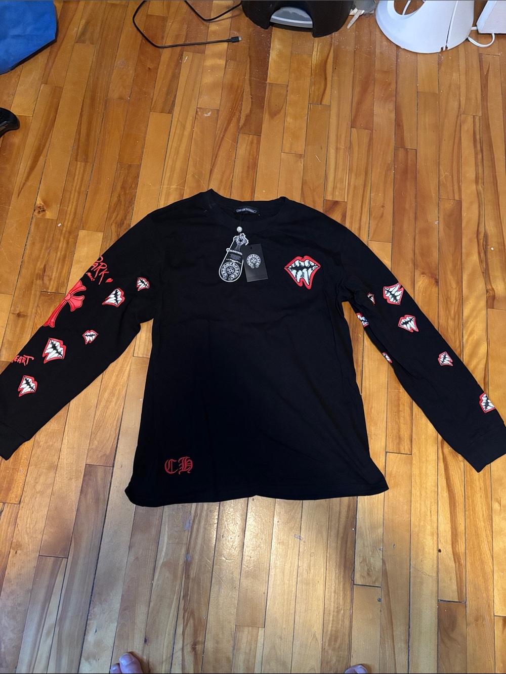 Chrome Hearts Black Long-Sleeve Tee with Red Mouth Graphics